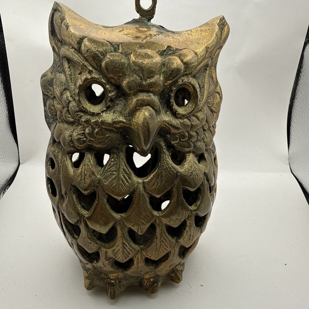 Vintage Brass Owl Candle Holder Hanging Lantern MCM 6"‎ Art Figurine #2
